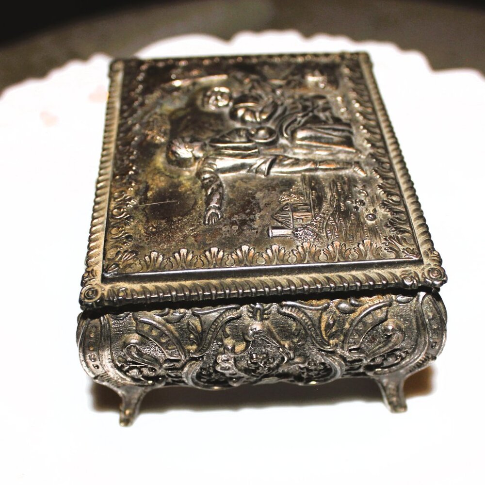 Vintage Japan Silver Jewelry Box Romantic Repoussé Trinket Case with Red Velvet